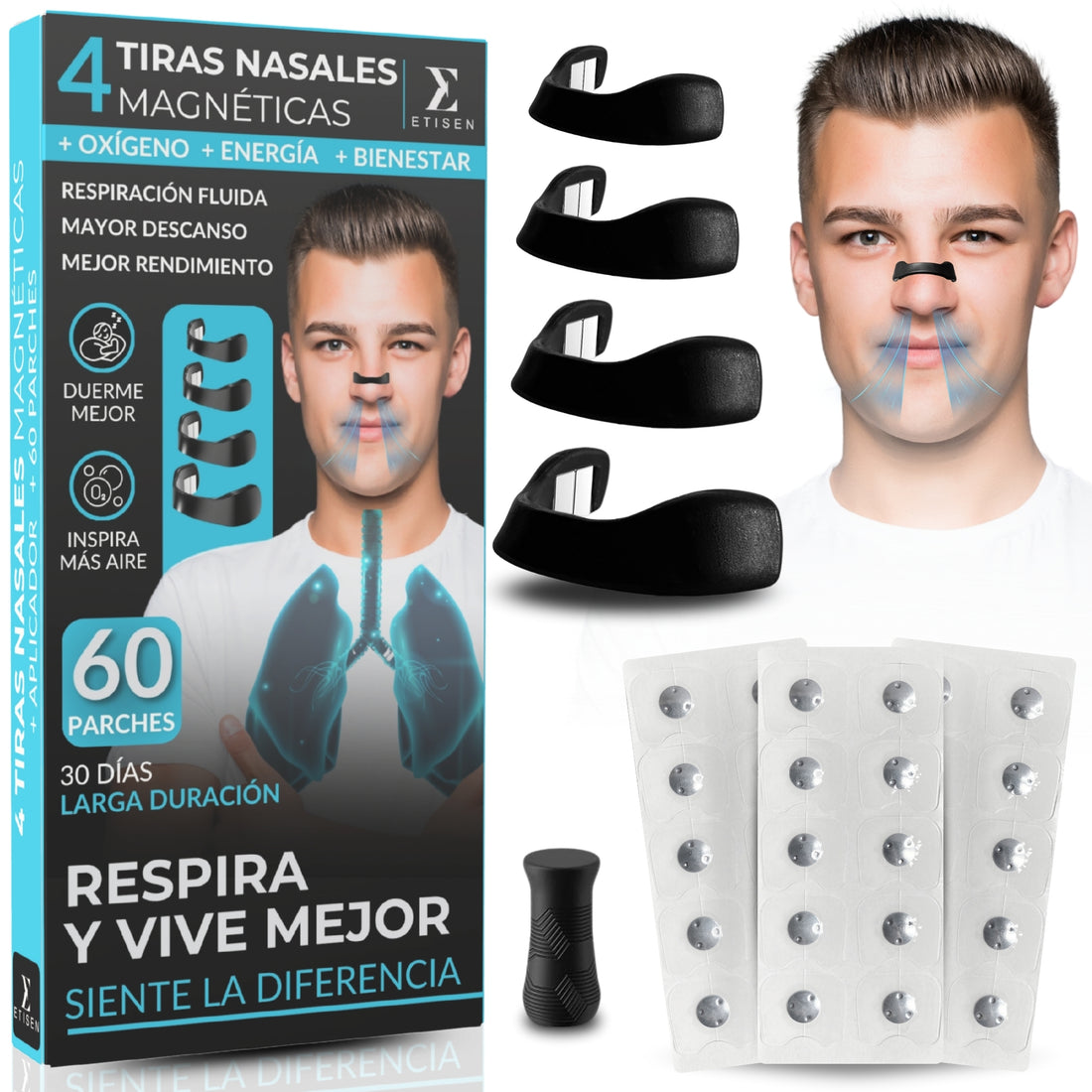 Pack completo - tiras nasales magnéticas + 60 parches + estuche portátil